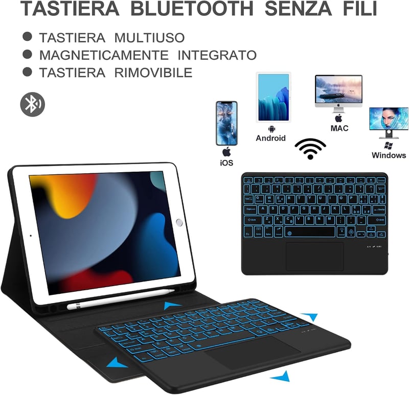 JADEMALL iPad 10.2" Bluetooth billentyűzet tok trackpaddal, mágneses, Italian QWERTY