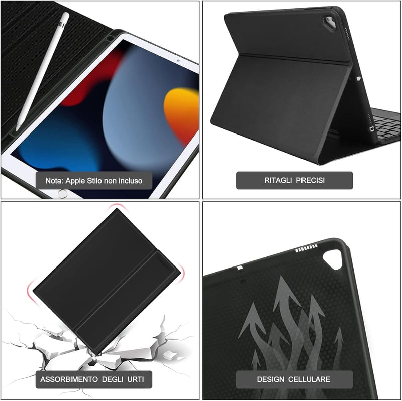 JADEMALL iPad 10.2" Bluetooth billentyűzet tok trackpaddal, mágneses, Italian QWERTY