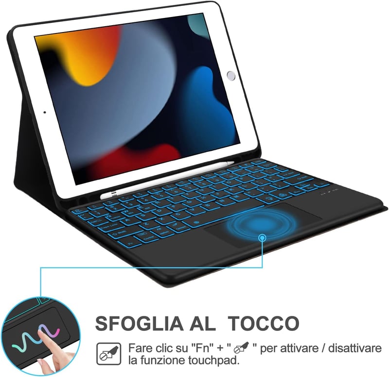 JADEMALL iPad 10.2" Bluetooth billentyűzet tok trackpaddal, mágneses, Italian QWERTY