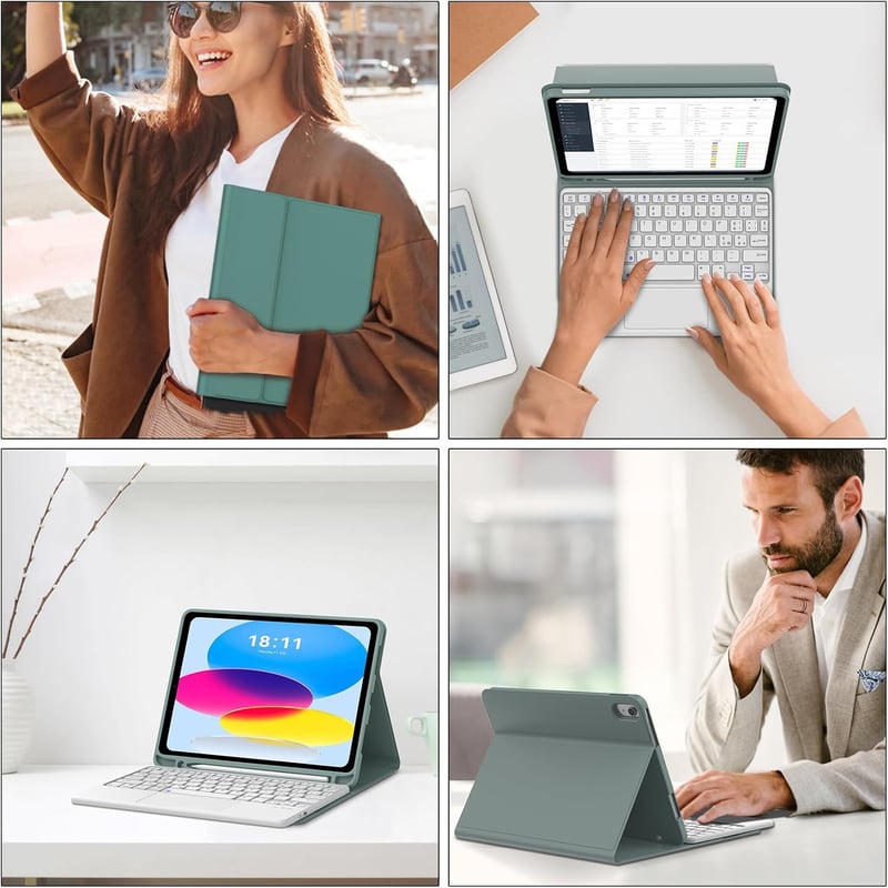 JADEMALL iPad 10 Billentyűzet Tok Trackpad-dal, Mágneses, Sötétzöld