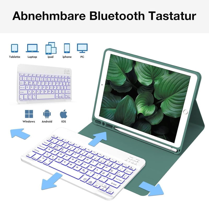 JADEMALL iPad 9. generáció billentyűzetes tok német QWERTZ, levehető Bluetooth, toll tartó, sötétzöld