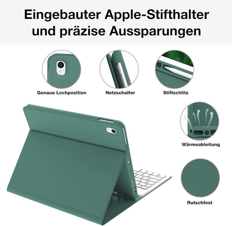 JADEMALL iPad 9. generáció billentyűzetes tok német QWERTZ, levehető Bluetooth, toll tartó, sötétzöld