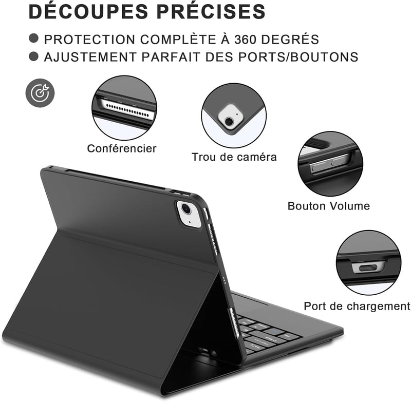 JADEMALL iPad Air 13 billentyűzet tok trackpad-dal, Bluetooth QWERTY eltávolítható, fekete
