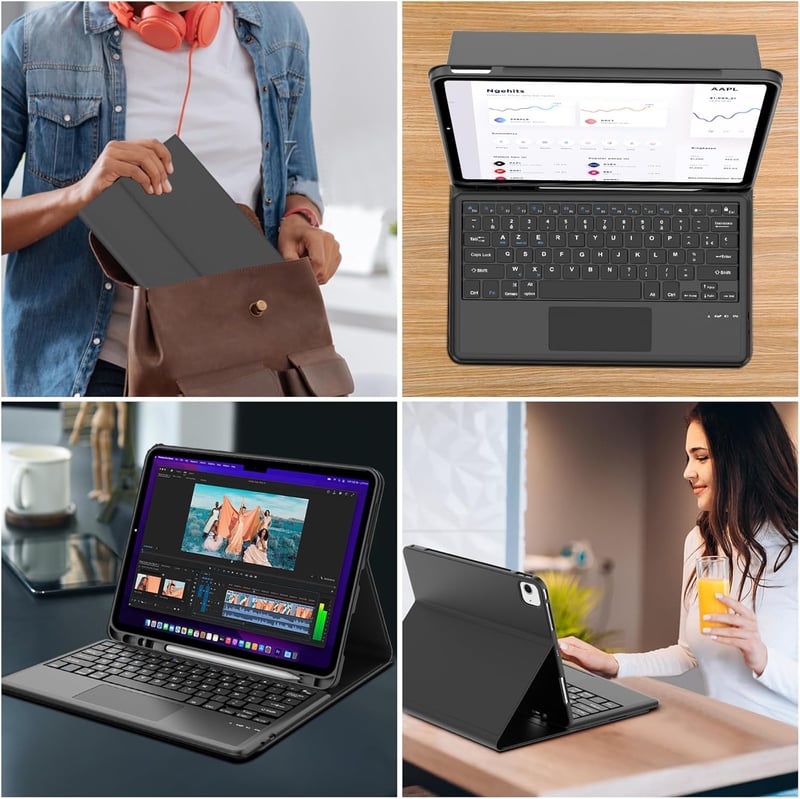 JADEMALL iPad Air 13 billentyűzet tok trackpad-dal, Bluetooth QWERTY eltávolítható, fekete