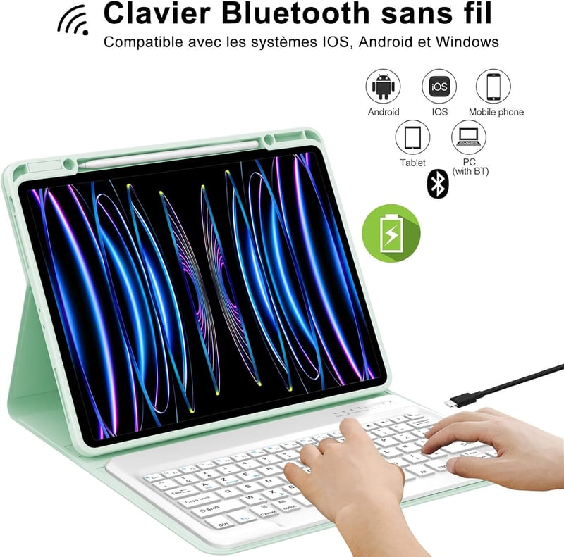 JADEMALL iPad Pro 12,9" Bluetooth Billentyűzet Tok AZERTY Francia Világoszöld