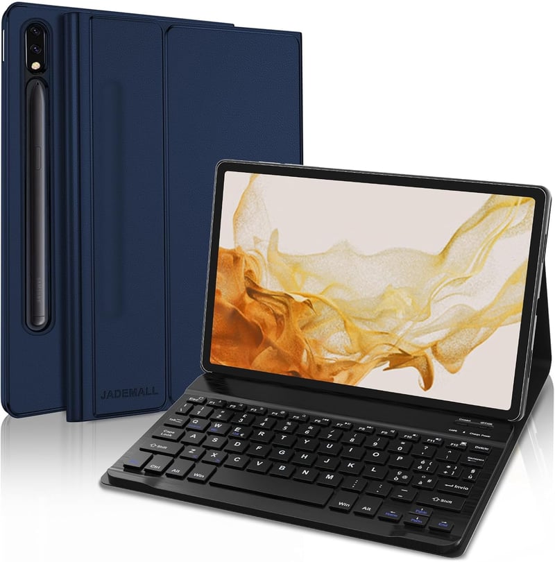 JADEMALL Sötétkék Billentyűzetes Tok Samsung Galaxy Tab S10 FE, S9 FE & S9 Tabletekhez - Német Bluetooth Billentyűzet, Beépített Akkumulátor