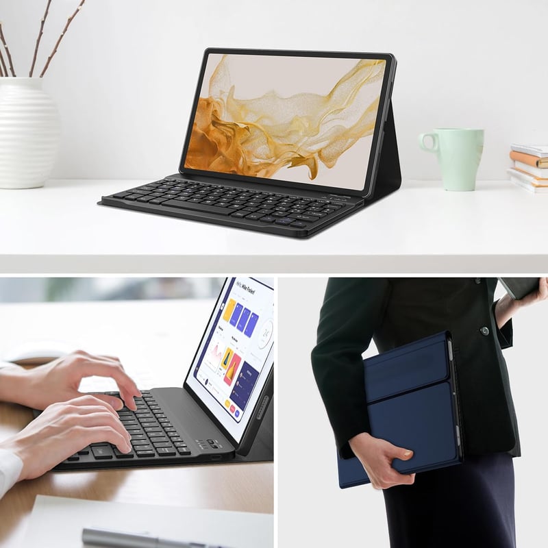 JADEMALL Sötétkék Billentyűzetes Tok Samsung Galaxy Tab S10 FE, S9 FE & S9 Tabletekhez - Német Bluetooth Billentyűzet, Beépített Akkumulátor