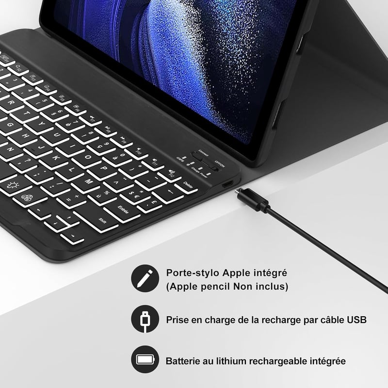 JADEMALL Xiaomi Pad 6/6 Pro 11" AZERTY Bluetooth billentyűzet tok, mágneses, háttérvilágítás, fekete