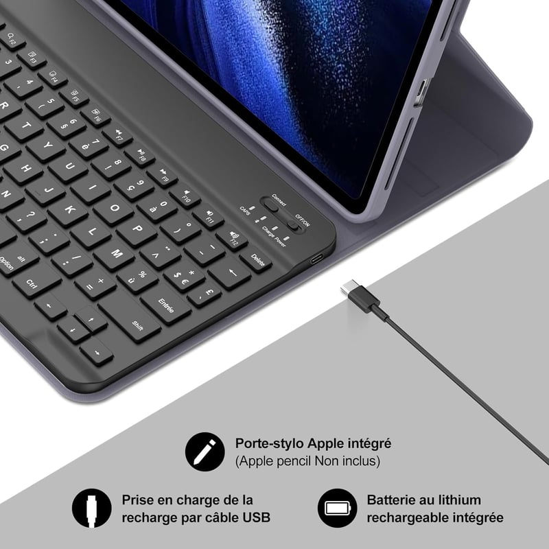 JADEMALL Xiaomi Pad 6/6 Pro 11" AZERTY Bluetooth billentyűzet tok, lila