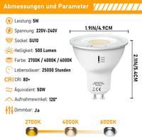 Jaenmsa GU10 LED izzó 5W 500LM dimmelhető 3 színhőmérséklet 2700K-6000K 6db 3