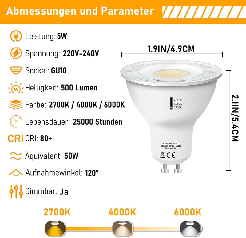 Jaenmsa GU10 LED izzó 5W 500LM dimmelhető 3 színhőmérséklet 2700K-6000K 6db