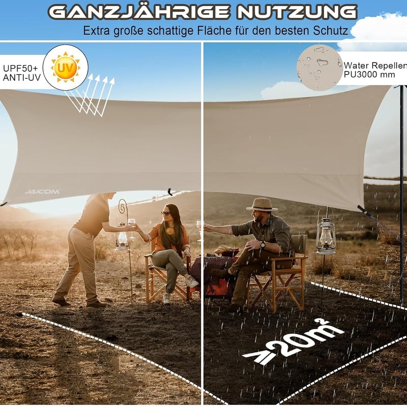 JAICOM 3,7 x 4,3 m vízálló ultrakönnyű ponyva sátorponyva karókkal, szemekkel és rögzítő kötelekkel, UV és esőálló menedék napellenzőként, f