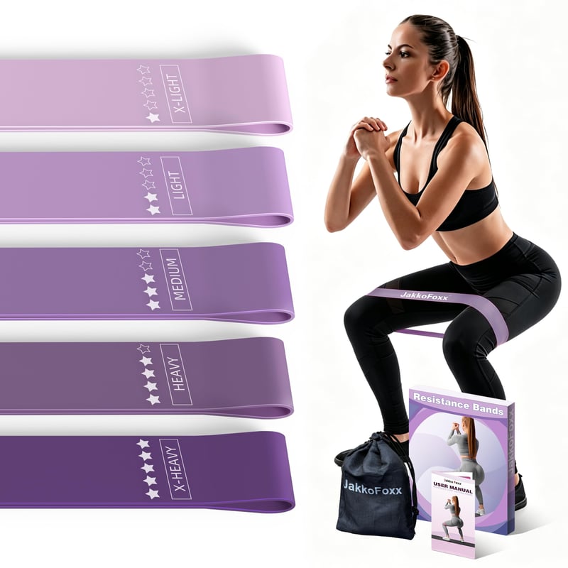 Sada 5 odporových gúm na cvičenie JAKKOFOXX s 5 úrovňami záťaže, fialová, posilňovacie gumy na tréning, strečing, pilates, jogu a fyzioterapiu
