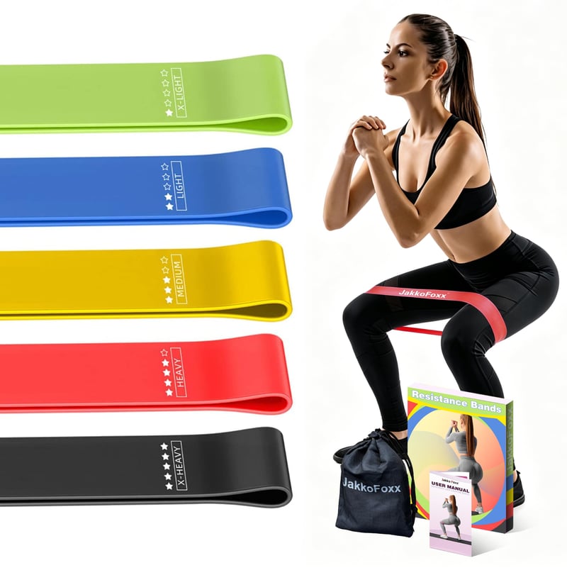 Set Benzi Elastice de Fitness JAKKOFOXX cu 5 Niveluri de Rezistență, Set Benzi de Antrenament Fără Latex pentru Fizioterapie, Tonifiere, Stretching, Pilates, Yoga, 5 buc.