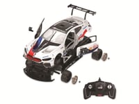 JAMARA 403130 BMW M8 GTE 1:18 diaľkovo ovládané auto 2,4 GHz biele, stavebnica bez nutnosti náradia, detailný interiér s otváracími dverami 1