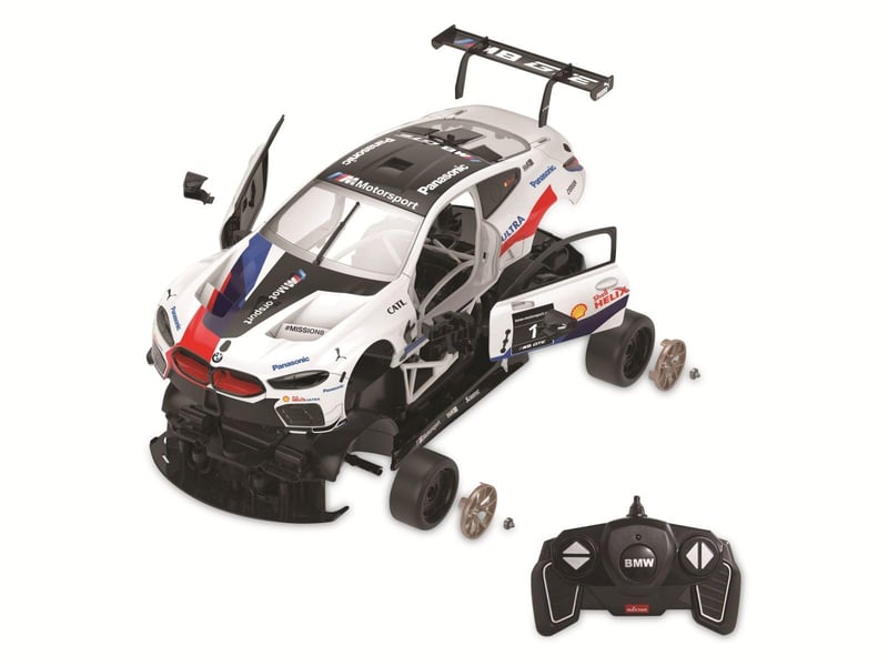JAMARA 403130 BMW M8 GTE 1:18 diaľkovo ovládané auto 2,4 GHz biele, stavebnica bez nutnosti náradia, detailný interiér s otváracími dverami