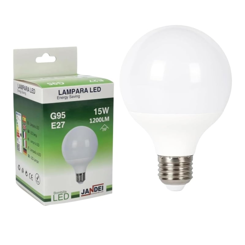 JANDEI G95 E27 LED žarulja u obliku kugle 15W (ekvivalent 120W halogene žarulje), hladno bijela svjetlost 6000K, 1500 lumena, CRI80, kut osvjetljenja 270°, nije prigušiva, za ured i kuhinju
