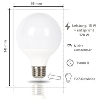 JANDEI G95 E27 LED žarulja u obliku kugle 15W (ekvivalent 120W halogene žarulje), hladno bijela svjetlost 6000K, 1500 lumena, CRI80, kut osvjetljenja 270°, nije prigušiva, za ured i kuhinju 8