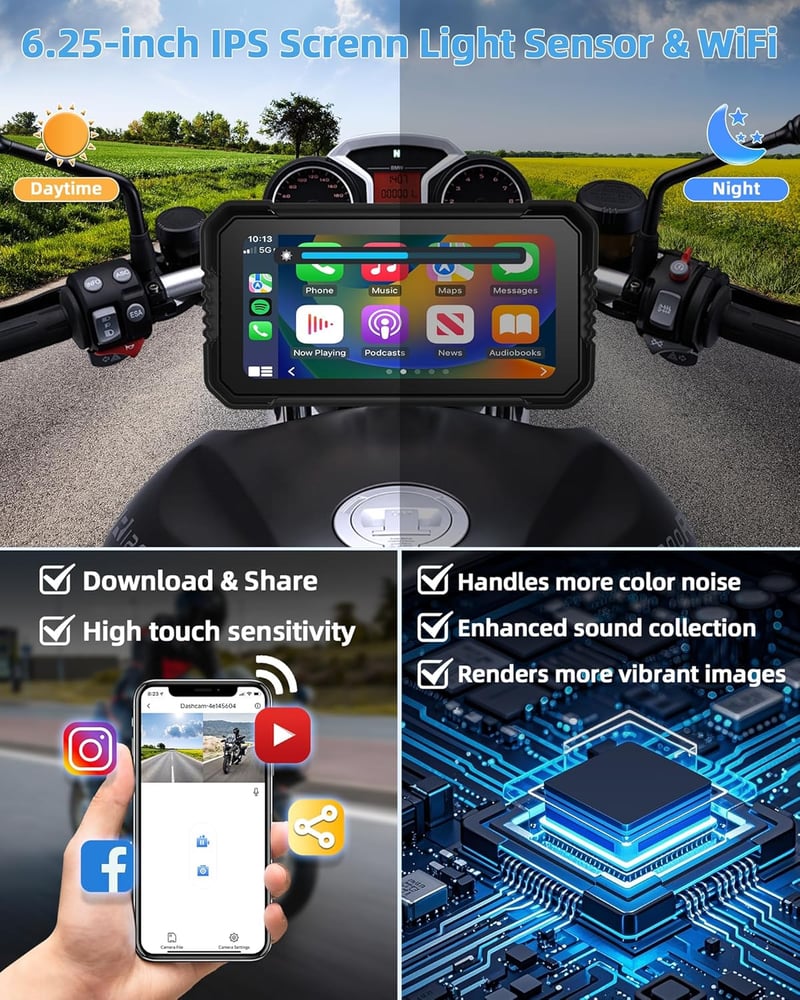 Jansite 4K Motorkerékpár CarPlay Autórádió Fedélzeti Kamera 6,25" GPS Érintőképernyő IP67