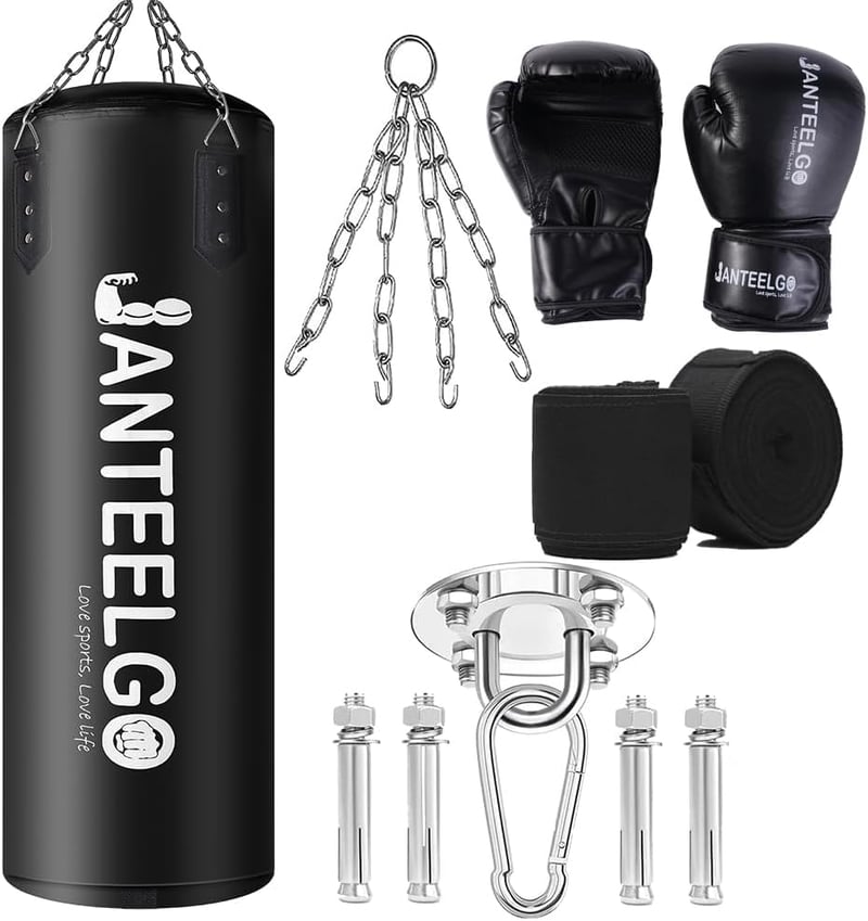 JANTEELGO 100 cm Függőleges Boxzsák PU Bőr MMA Kickboxing Muay Thai Karate Edzéshez Lánccal és Mennyezeti Horoggal