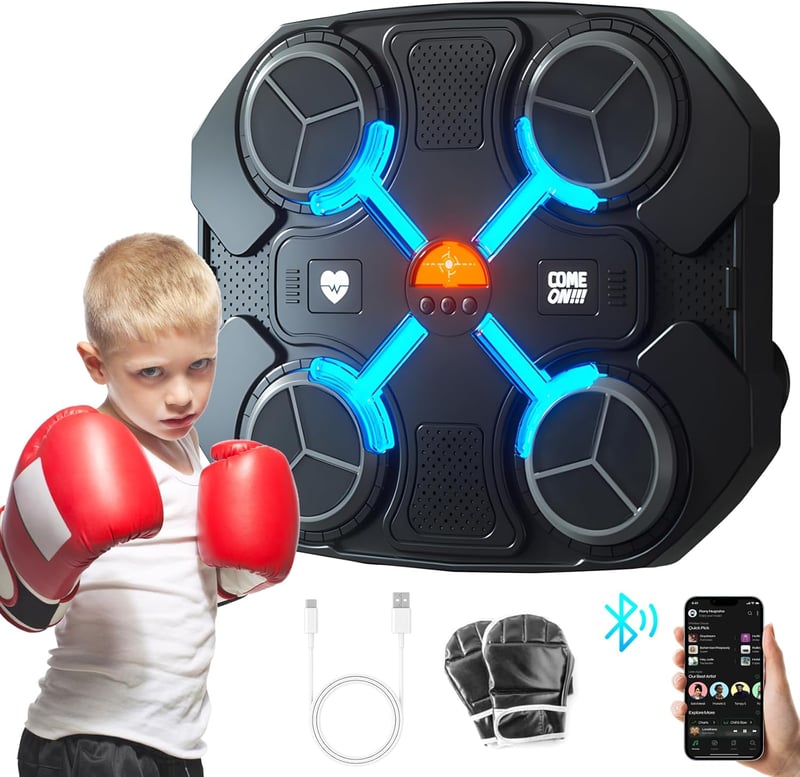 JAOGAUS Elektronikus Zenélő Boxgép Gyerekeknek - Falra Szerelhető Bluetooth Edzőgép LED Világítással, Kesztyűvel, USB Töltéssel