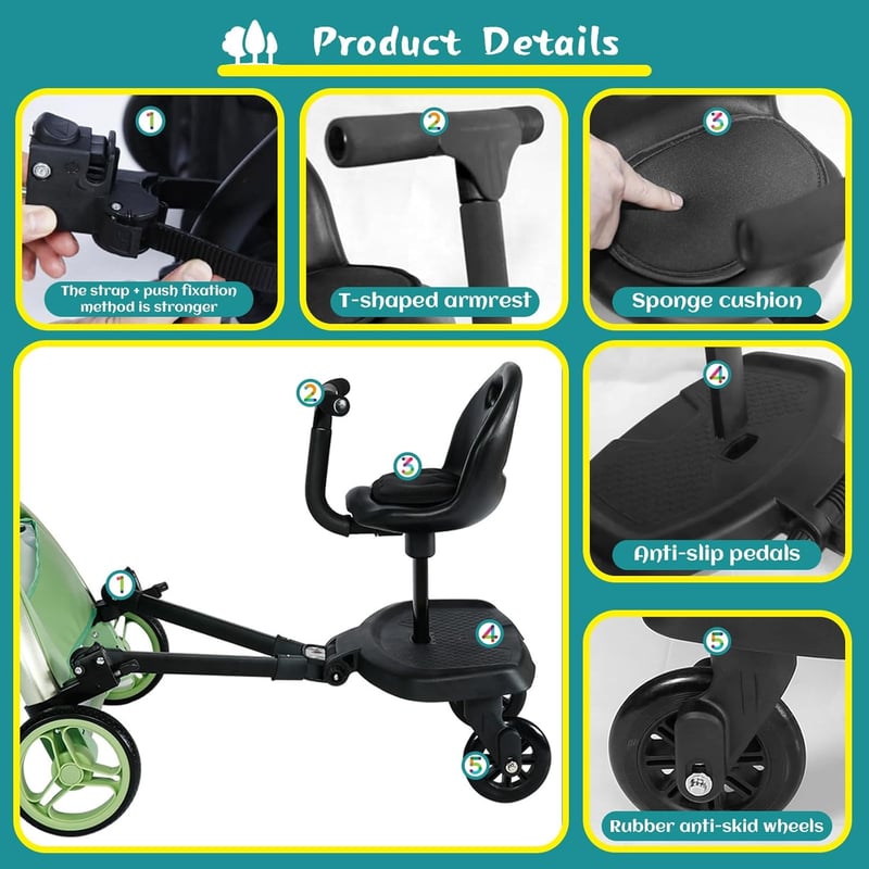 JAOGAUS Univerzális Babakocsira Szerelhető Lépcsőzőlap Üléssel - Fekete Buggy Board Testvéreknek, 99% Babakocsi Kompatibilis