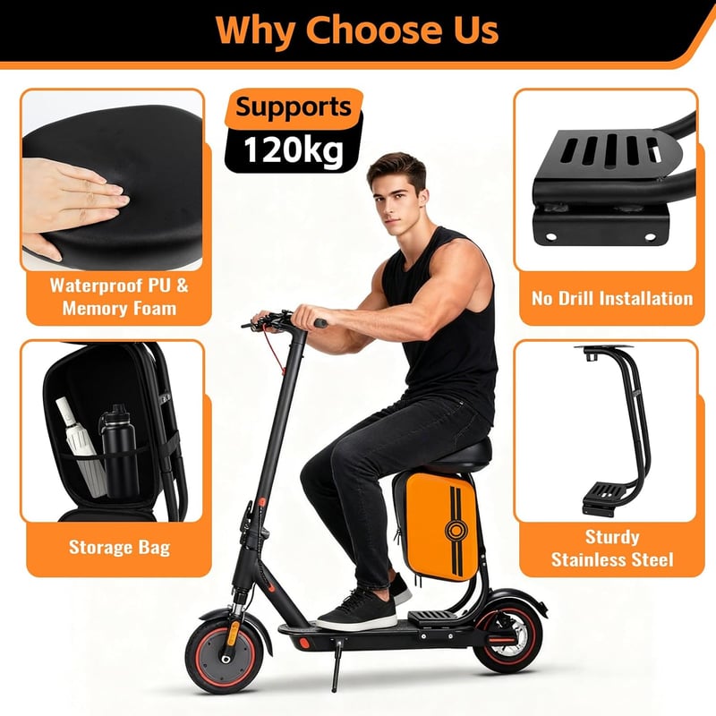 JAOGAUS Vízálló elektromos roller ülés táskával narancs fekete, Xiaomi M365 Pro kompatibilis, fúrás nélkül szerelhető, max 120 kg