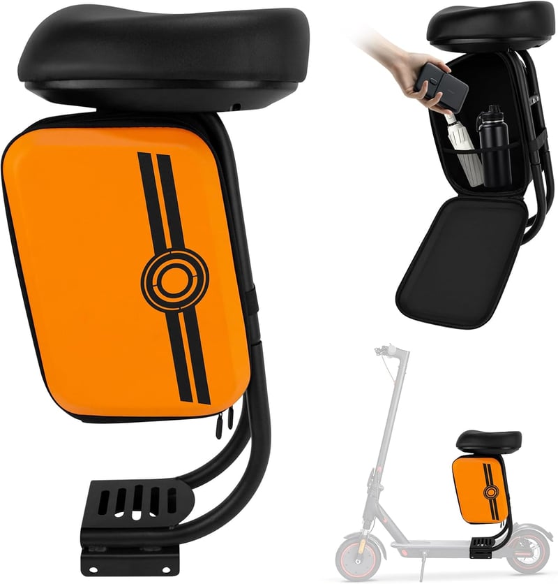 JAOGAUS Vízálló elektromos roller ülés táskával narancs fekete, Xiaomi M365 Pro kompatibilis, fúrás nélkül szerelhető, max 120 kg