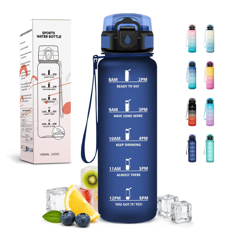 Bidon JAPORIA 1 L cu pai, sticlă de apă motivațională cu marcaj de timp, etanșă, pentru fitness, camping și ciclism