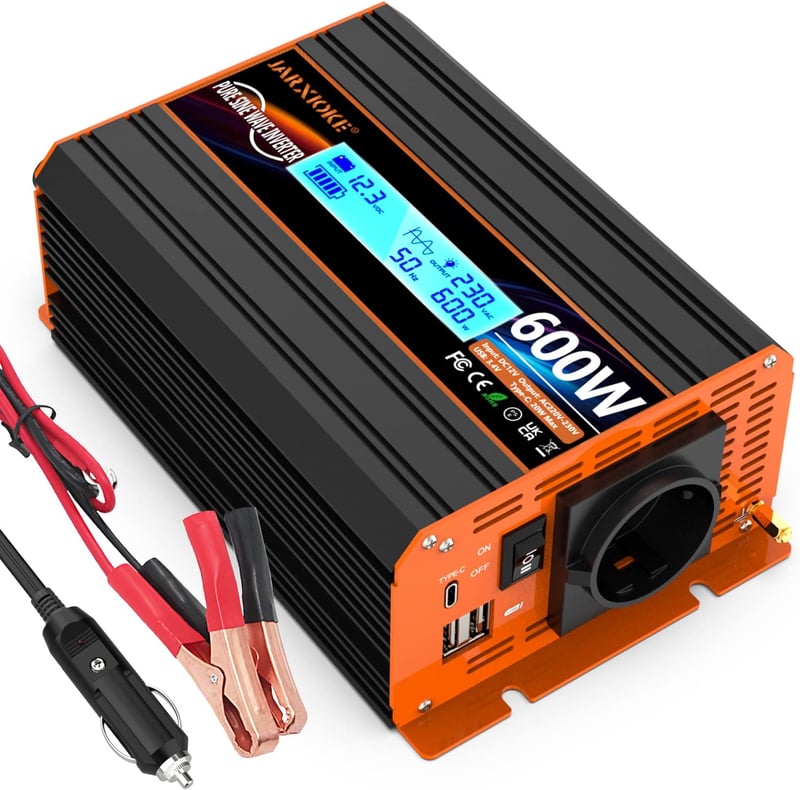 JARXIOKE 600W Színuszos Feszültségátalakító 12V-230V - Autós Inverter LCD Kijelzővel, EU Csatlakozóval, Napelemes Rendszerekhez