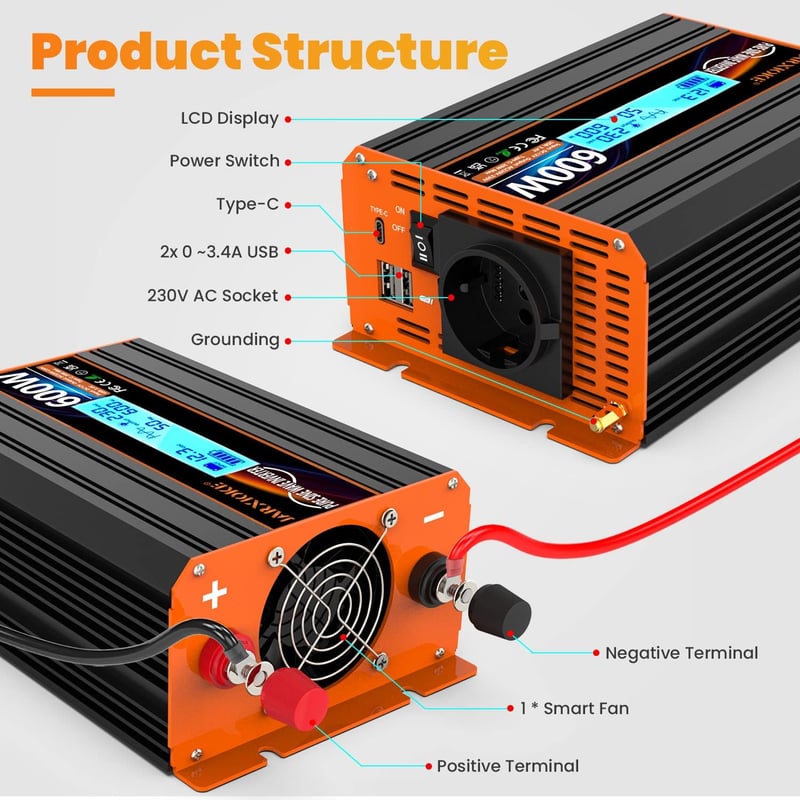 JARXIOKE 600W Színuszos Feszültségátalakító 12V-230V - Autós Inverter LCD Kijelzővel, EU Csatlakozóval, Napelemes Rendszerekhez