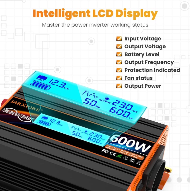 JARXIOKE 600W Színuszos Feszültségátalakító 12V-230V - Autós Inverter LCD Kijelzővel, EU Csatlakozóval, Napelemes Rendszerekhez
