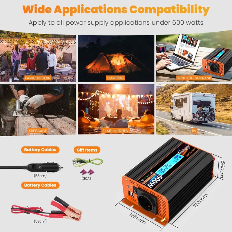 JARXIOKE 600W Színuszos Feszültségátalakító 12V-230V - Autós Inverter LCD Kijelzővel, EU Csatlakozóval, Napelemes Rendszerekhez