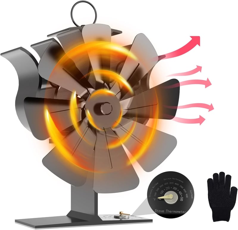 Jasfyee 8 Lapátos Kályha Ventilátor - Áramforrás Nélküli, Hőmérséklet Kijelzős, Csendes Működésű Kandallóventilátor Kesztyűvel, 15-20m² Fűté