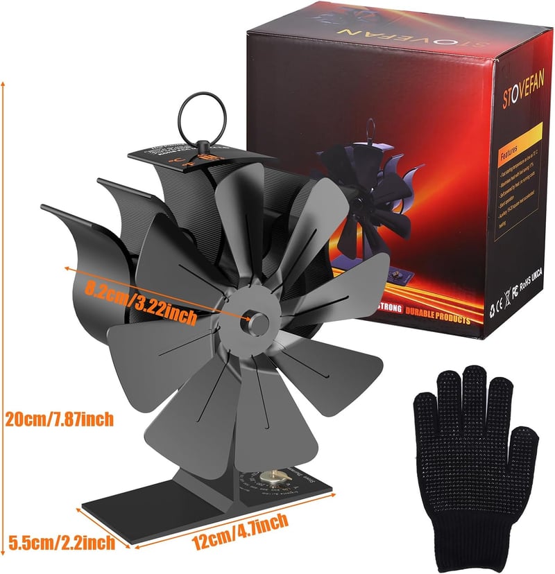 Jasfyee 8 Lapátos Kályha Ventilátor - Áramforrás Nélküli, Hőmérséklet Kijelzős, Csendes Működésű Kandallóventilátor Kesztyűvel, 15-20m² Fűté
