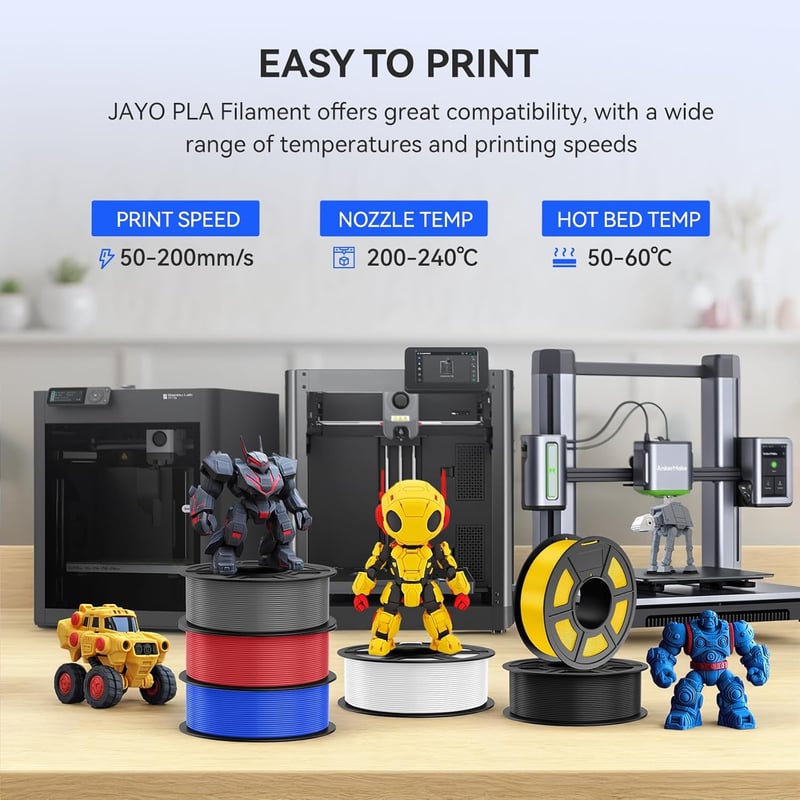 JAYO PLA Filament 1.75 mm 3D Nyomtatóhoz - Szürke, 1.1 kg Tekercs, Precíz Méretpontosság, Tisztán Tekert Szál, 3D Nyomtatás