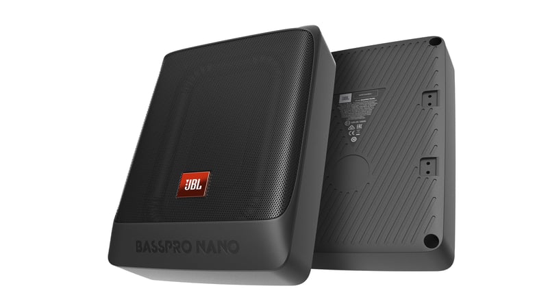 Aktívny kompaktný subwoofer do auta JBL BassPro Nano pod sedadlo, 15x20 cm, 200W, čierny set