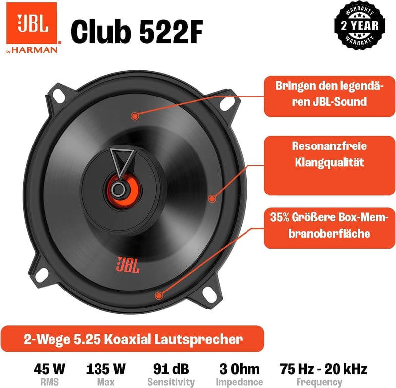 JBL Club 522F 2-utas autóhifi hangszóró szett 135W fekete 13cm - Single, Club