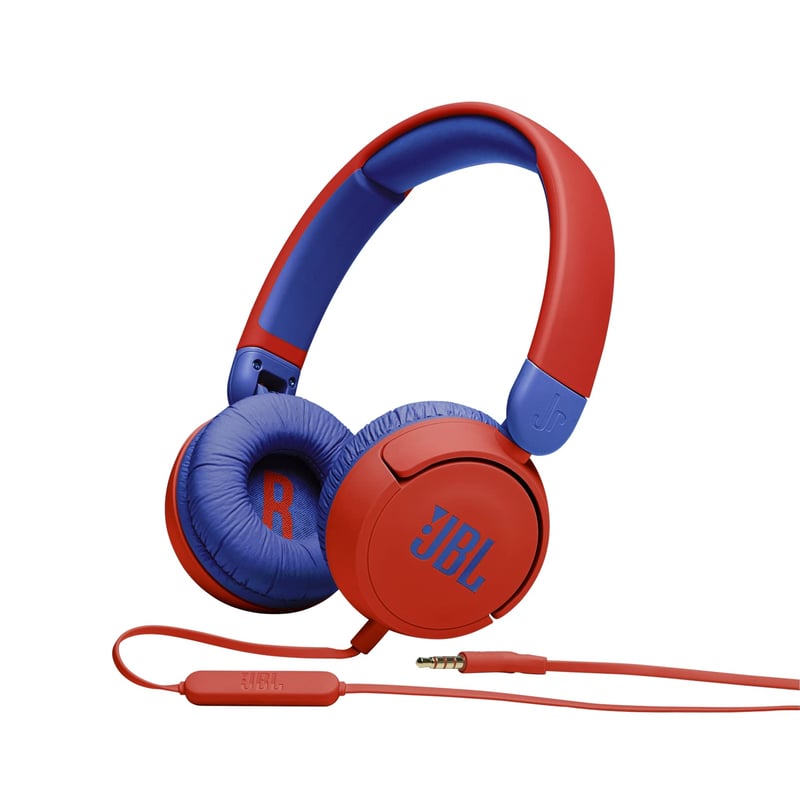 Căști audio pentru copii JBL Jr310 Bluetooth On-Ear, Roșu-Albastru – Căști cu fir, cu microfon și telecomandă integrate – Pentru școală și activități recreative