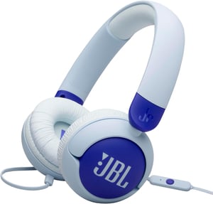 Káblové detské slúchadlá na uši JBL Junior 320 modré s mikrofónom, JBL Safe Sound, 12 mm mäkkými vankúšikmi a nálepkami