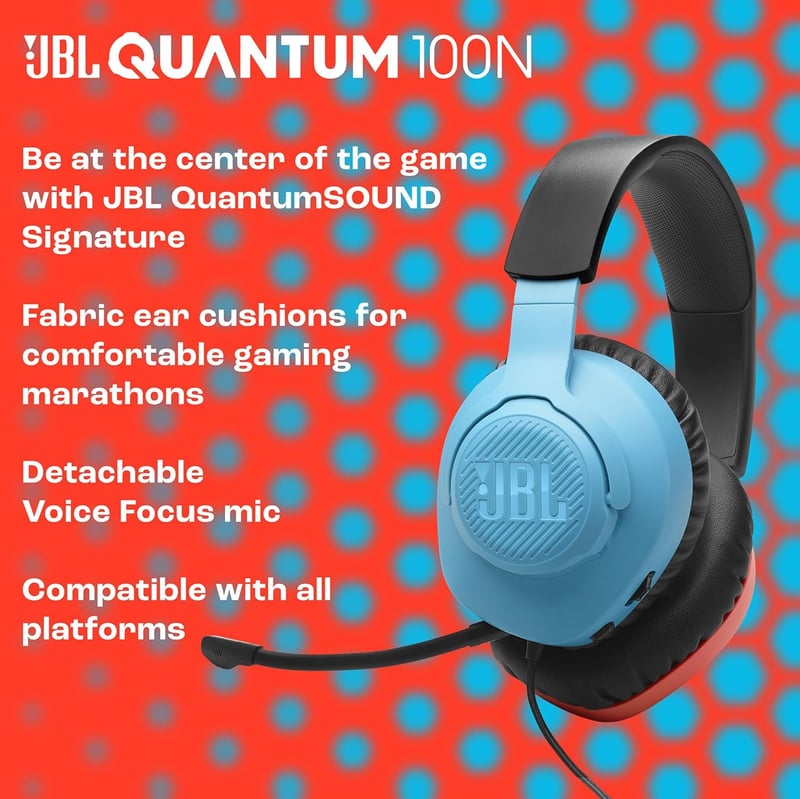 JBL Quantum 100N Gamer Fejhallgató Vezetékes Memóriahabos Mikrofon Nélkül - blue / red, 44J US