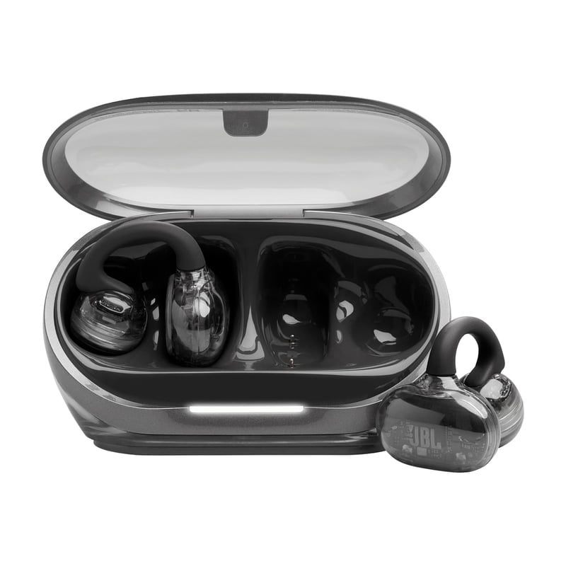 Otvorené slúchadlá JBL Soundgear Clips, Ghost Black – dizajn SonicArc, 32 hodín prehrávania, 4 mikrofóny, odolnosť voči vode a prachu IP54, OpenSound