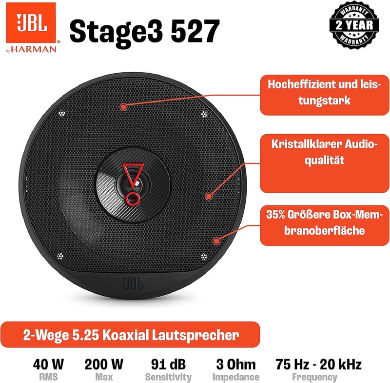 JBL Stage3 527 autóhifi hangszóró szett 200W 13cm 2-utas - 13 cm, 2-way coaxial (+ front)