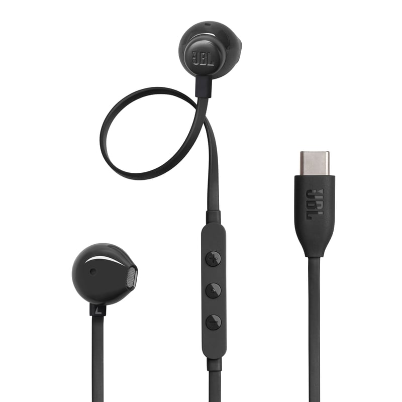 Káblové slúchadlá JBL Tune 305C v čiernej farbe s USB-C konektorom, mikrofónom a zvukom Pure Bass