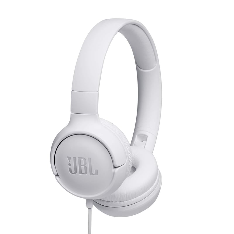 Káblové slúchadlá na uši JBL Tune 500 so vstavaným mikrofónom, hlasovým asistentom a 1-tlačidlovým diaľkovým ovládaním, biele