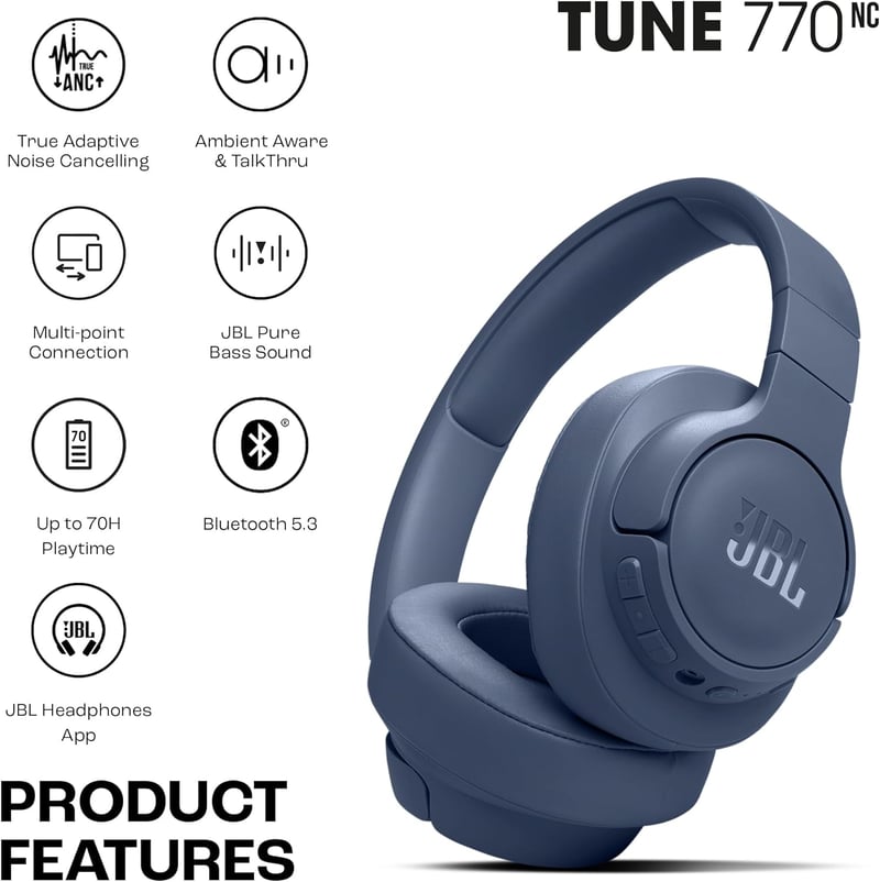 JBL Tune 770NC vezeték nélküli fejhallgató aktív zajszűréssel, 70 órás akkumulátor - blue