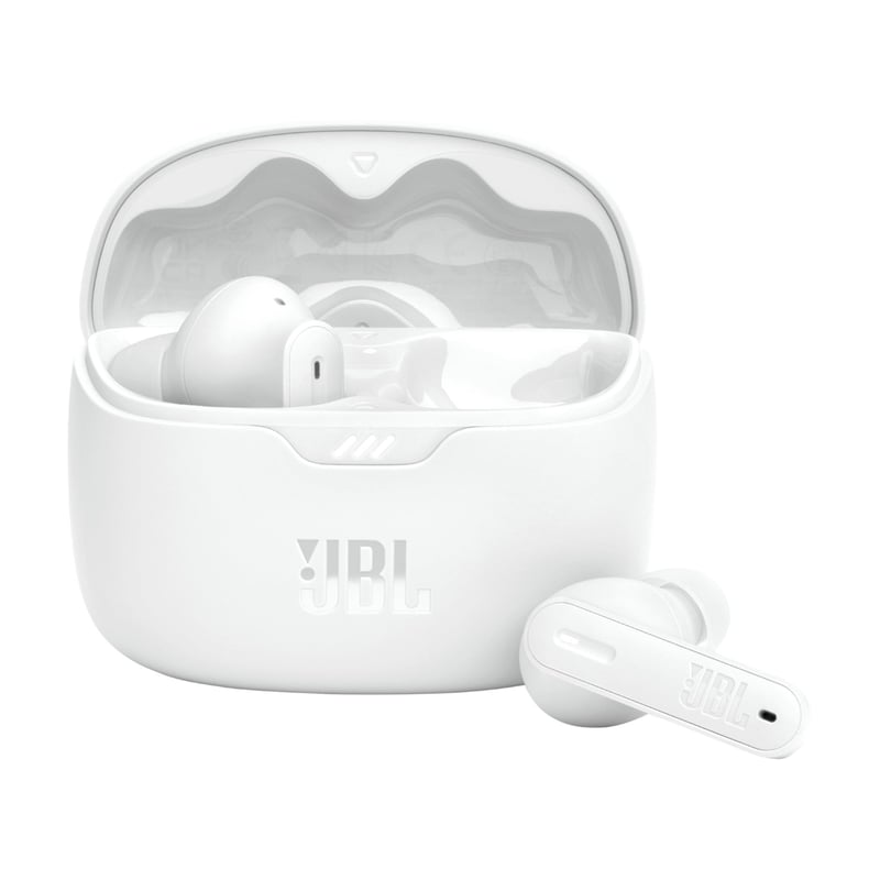 Bezdrôtové slúchadlá JBL Tune Beam s Bluetooth 5.3, aktívnym potlačením hluku, 48-hodinovou výdržou batérie a rýchlym nabíjaním, biele