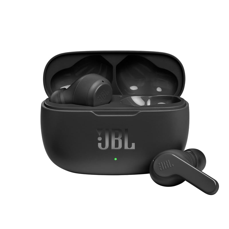 Bezdrôtové slúchadlá JBL Wave 200TWS s Bluetooth, vstavaným mikrofónom, hlasovým ovládaním, 25-hodinovou výdržou batérie a nabíjacím puzdrom, čierne
