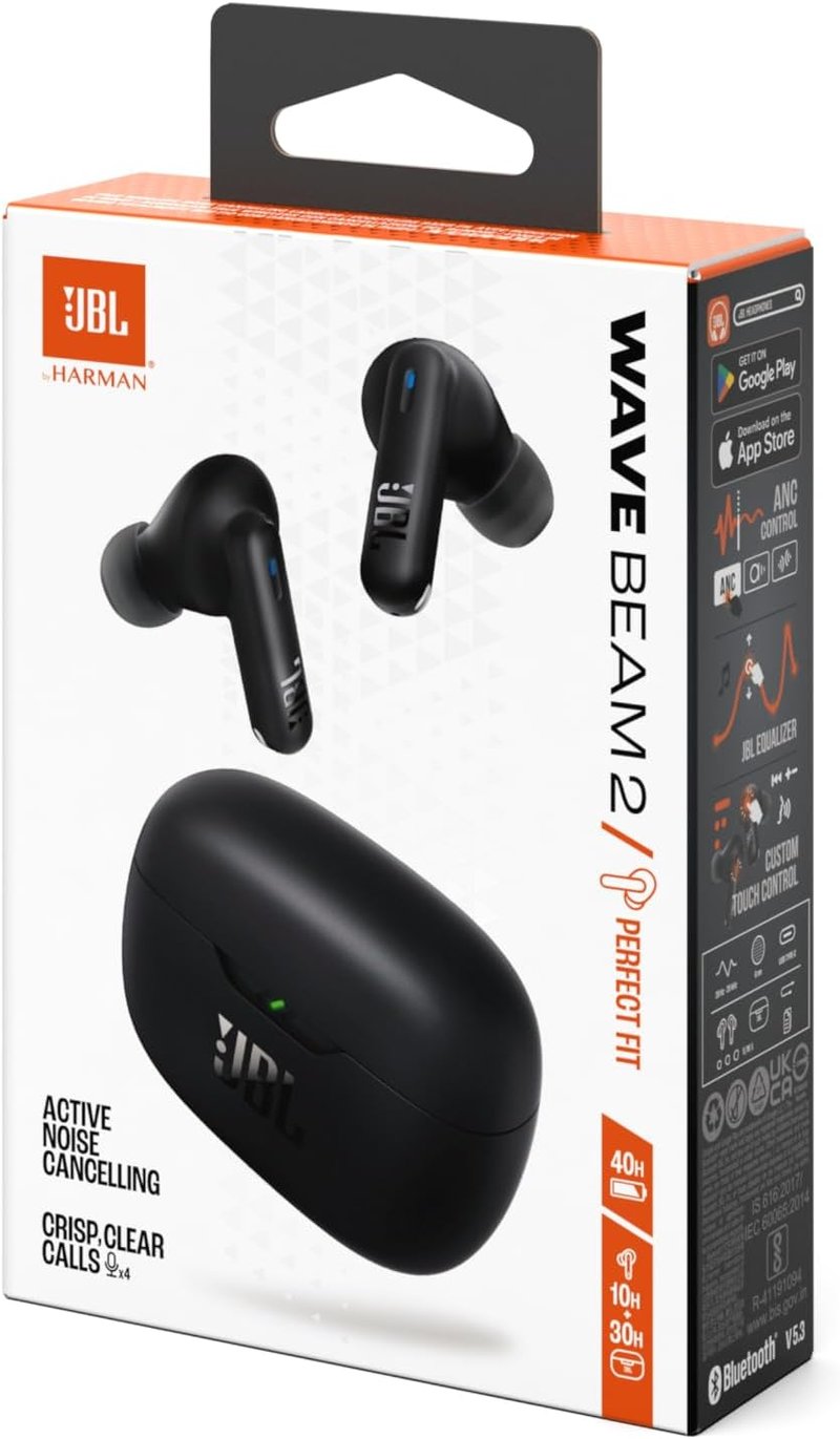 JBL Wave Beam 2 vezeték nélküli Bluetooth fülhallgató zajszűréssel, 40 órás játékidő - black, JBL Wave Beam 2