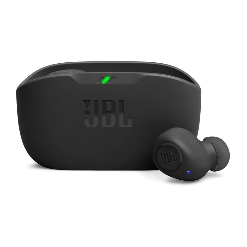 Bezdrôtové slúchadlá JBL Wave Buds do uší s odolnosťou proti vode IP54 a IPX2, silnými basmi a 32-hodinovou výdržou batérie – čierne